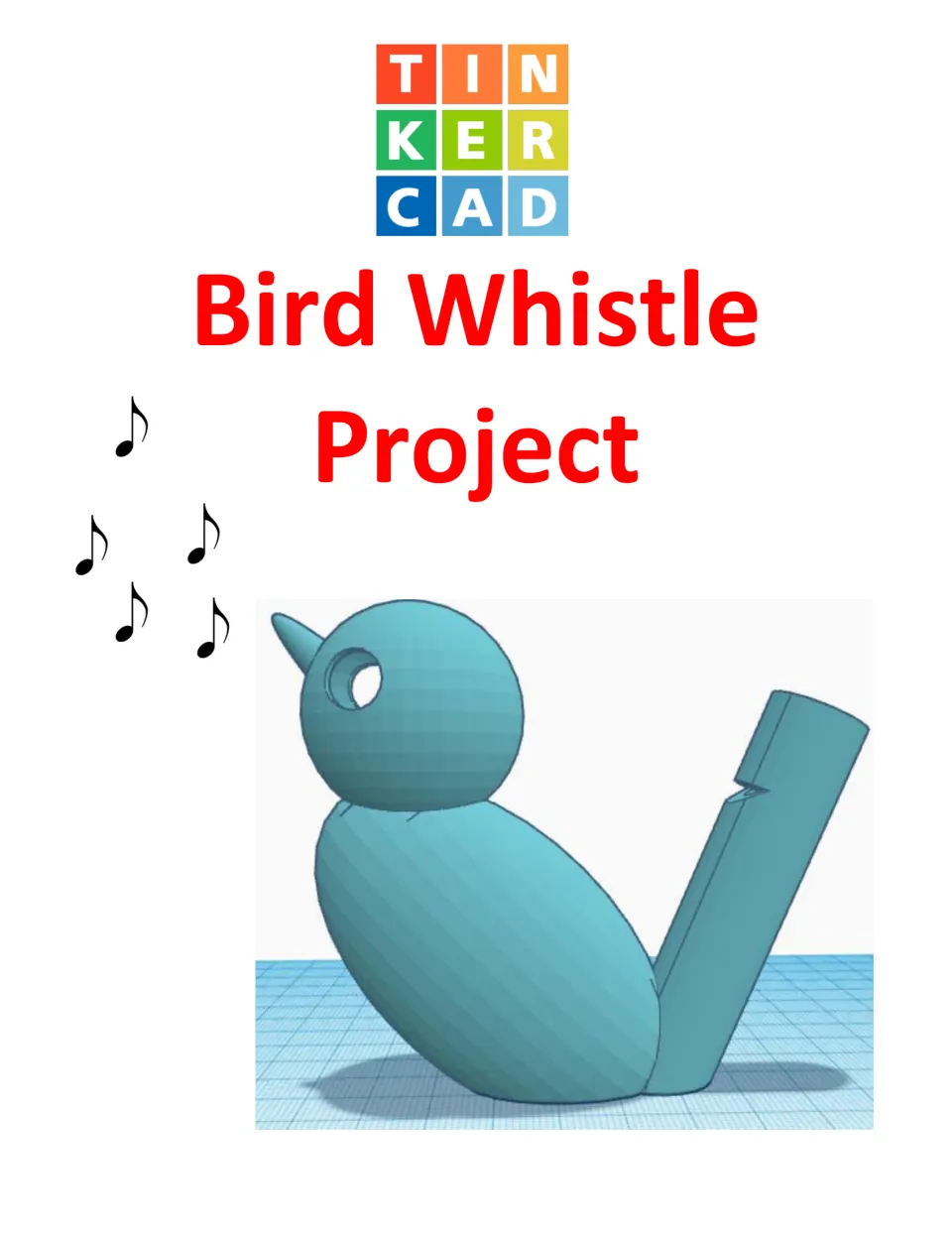 Bird Whistle Project cover with the TinkerCAD logo and a 3D teal bird model with a tail whistle and music notes