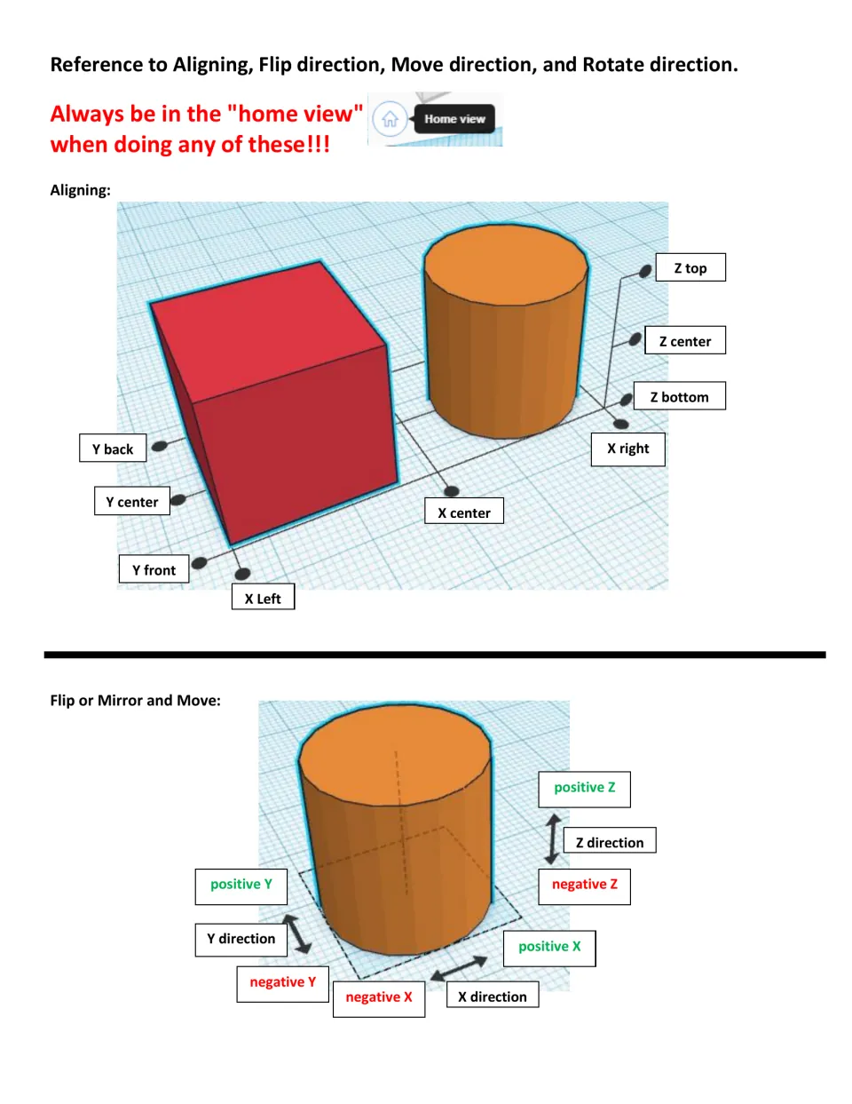 TinkerCAD aligning and moving reference: labeled X, Y and Z align handles and positive or negative move directions