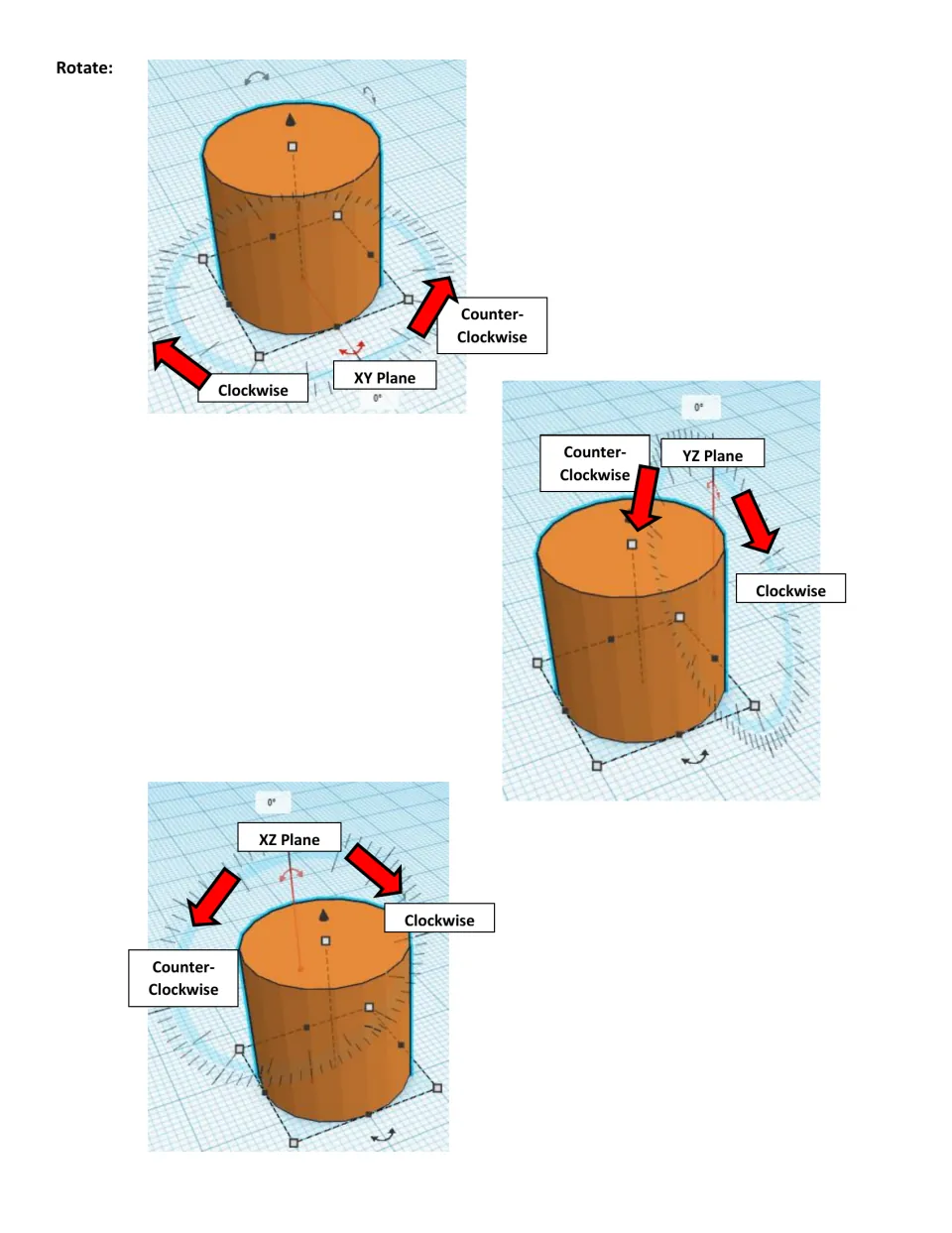 TinkerCAD rotate reference: cylinders showing clockwise and counter-clockwise rotation in the XY, YZ and XZ planes