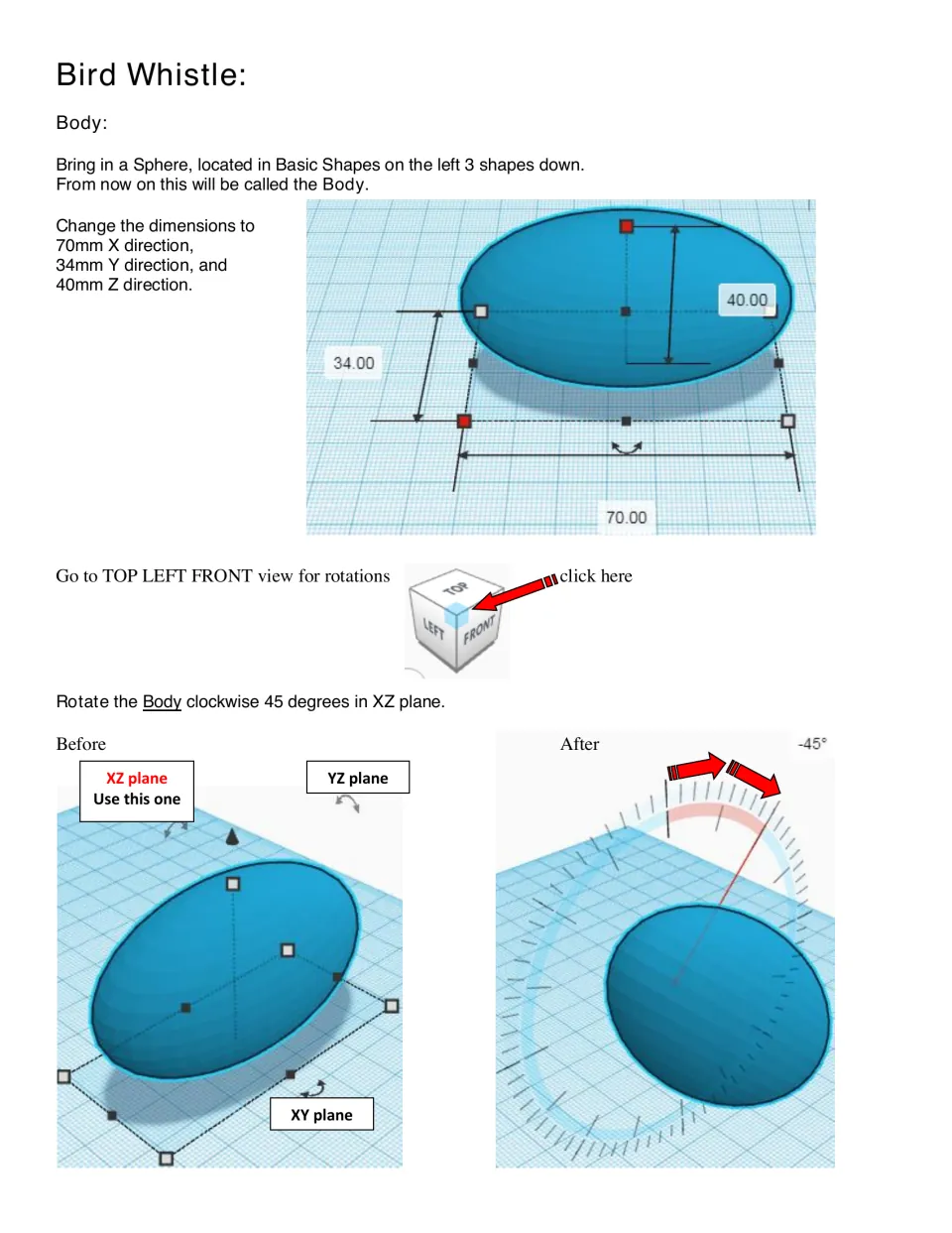Bird whistle body steps: students resize a sphere to 70 x 34 x 40 mm and rotate it clockwise 45 degrees in the XZ plane