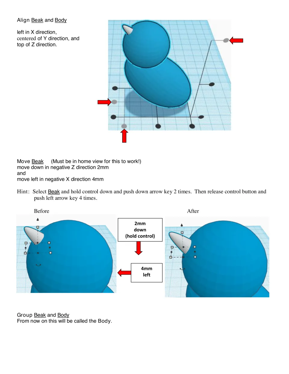 Beak placement steps: students align the beak with the head, move it down 2 mm and left 4 mm, then group it with the body