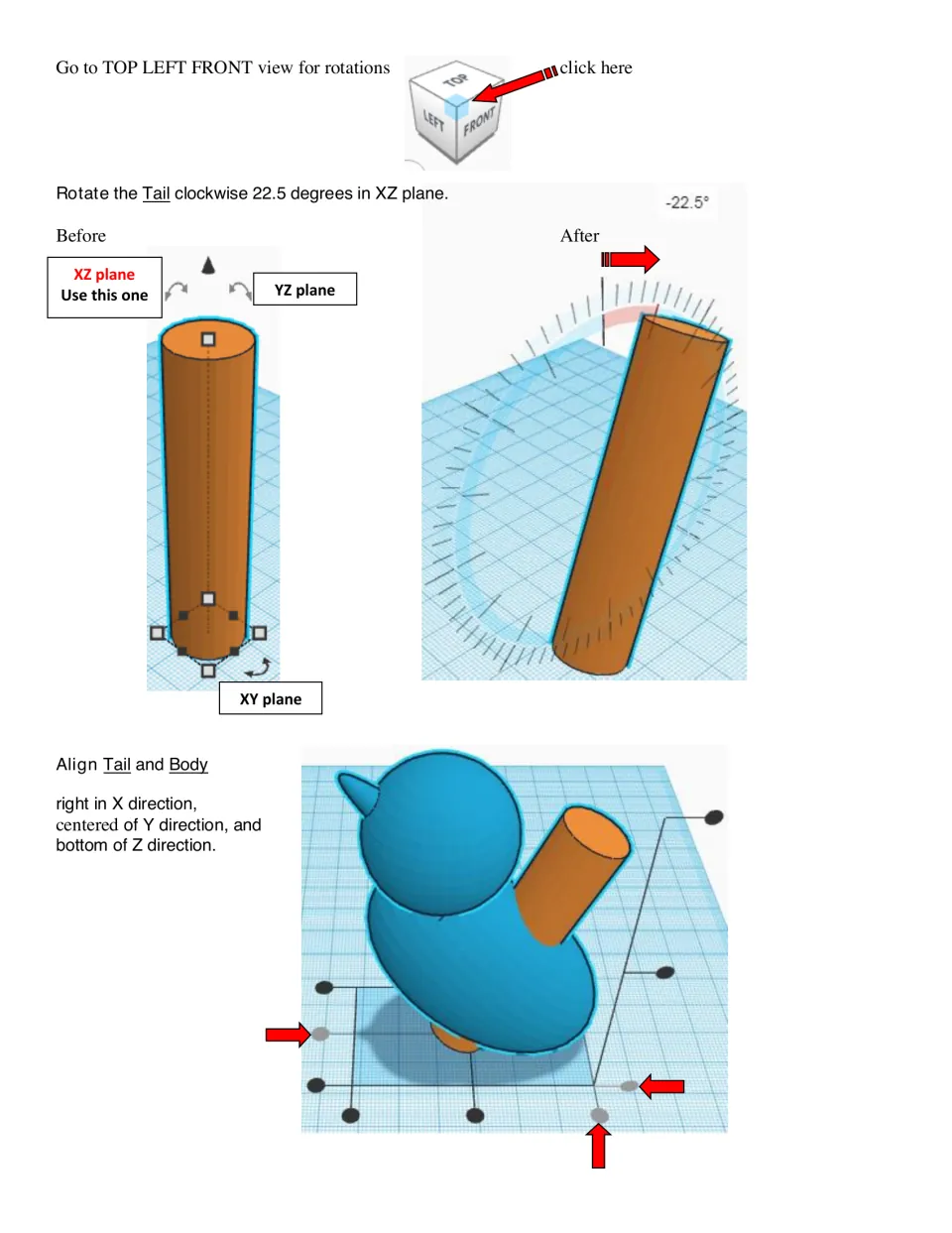 Tail placement steps: students rotate the cylinder clockwise 22.5 degrees in the XZ plane, then align it with the body