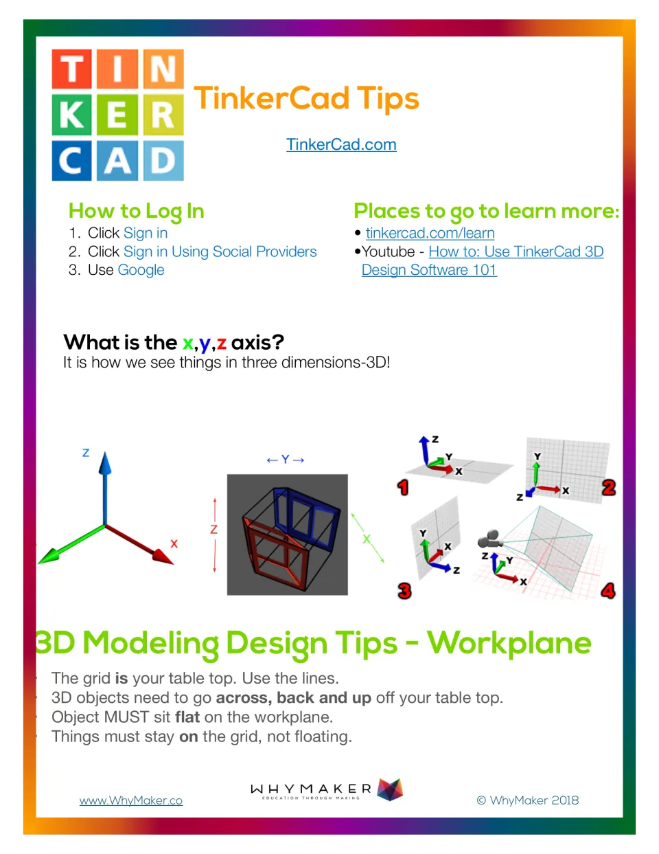 TinkerCad Tips: login steps, links to learn more, x,y,z axis diagrams and workplane rules for keeping 3D objects flat