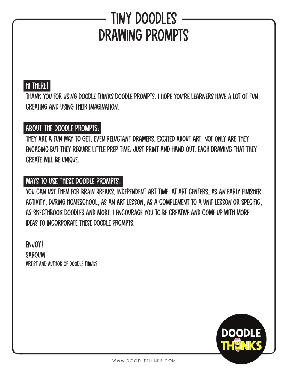 Doodle prompt introduction explains printing and classroom uses, including brain breaks and art centers.