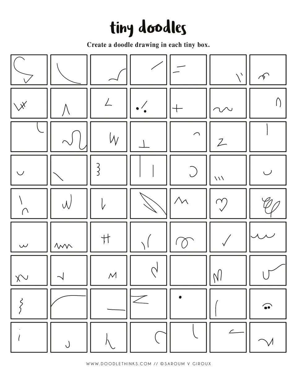 Doodle drawing activity asks students to create tiny drawings from partial curves, zigzags, dots, and loops.