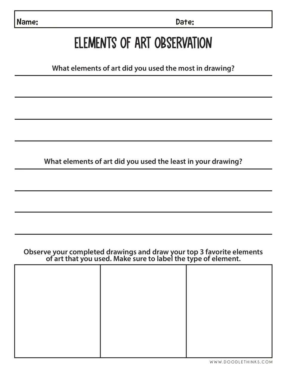 Art observation page asks about elements used most and least and requests drawings of three favorites.