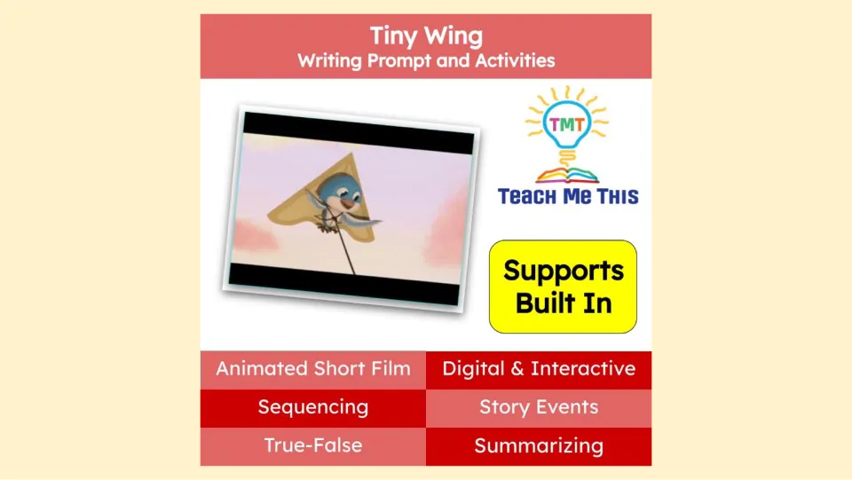 Writing lesson cover listing an animated short film, sequencing, true-false, story events, and summarizing