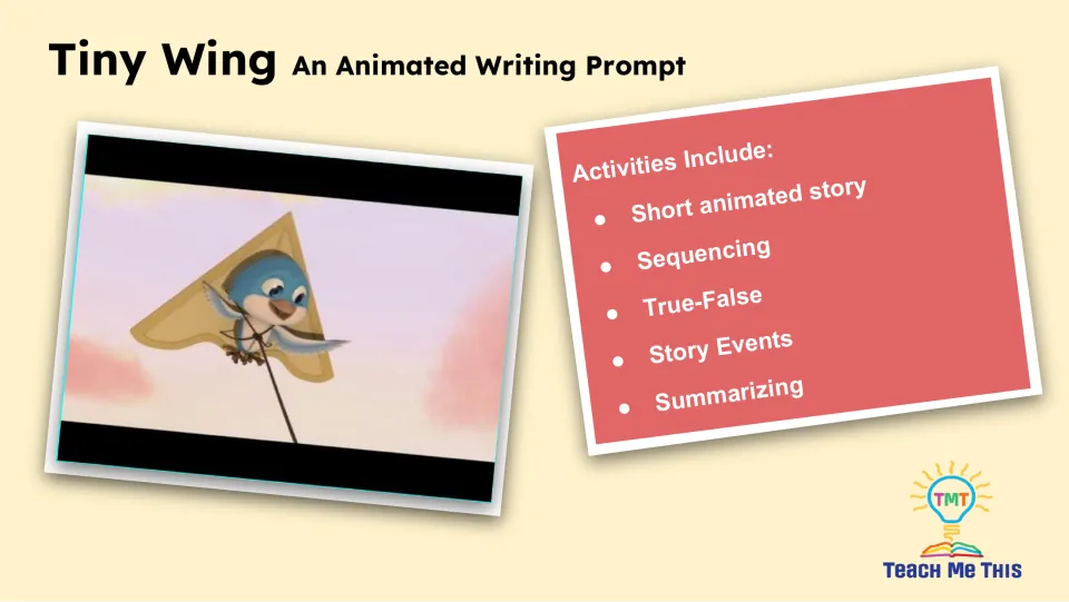 Lesson overview lists a short animated story, sequencing, true-false, story events, and summarizing