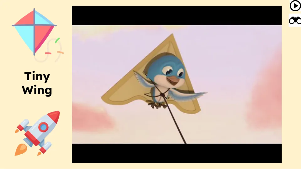 Animated short-film slide shows a bird attached to a kite, with a play symbol for the story viewing