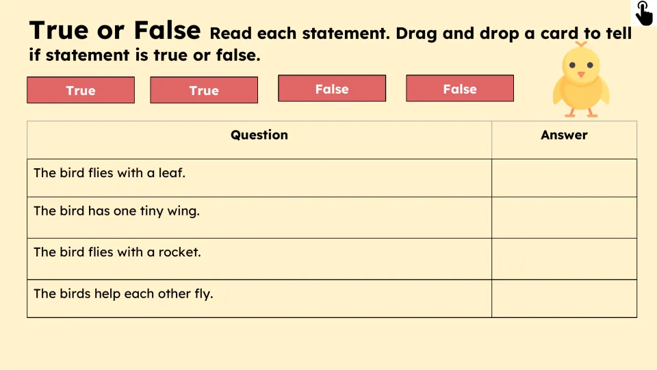 True-or-false activity gives four statements about a bird's leaf, tiny wing, rocket, and birds helping each other