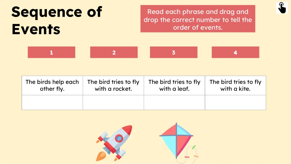 Sequencing activity asks students to order four events: birds helping each other and leaf, rocket, and kite attempts