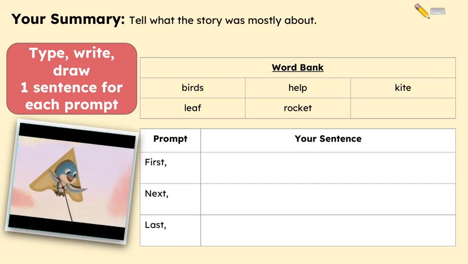 Summary activity uses First, Next, and Last prompts with a word bank containing birds, help, kite, leaf, and rocket