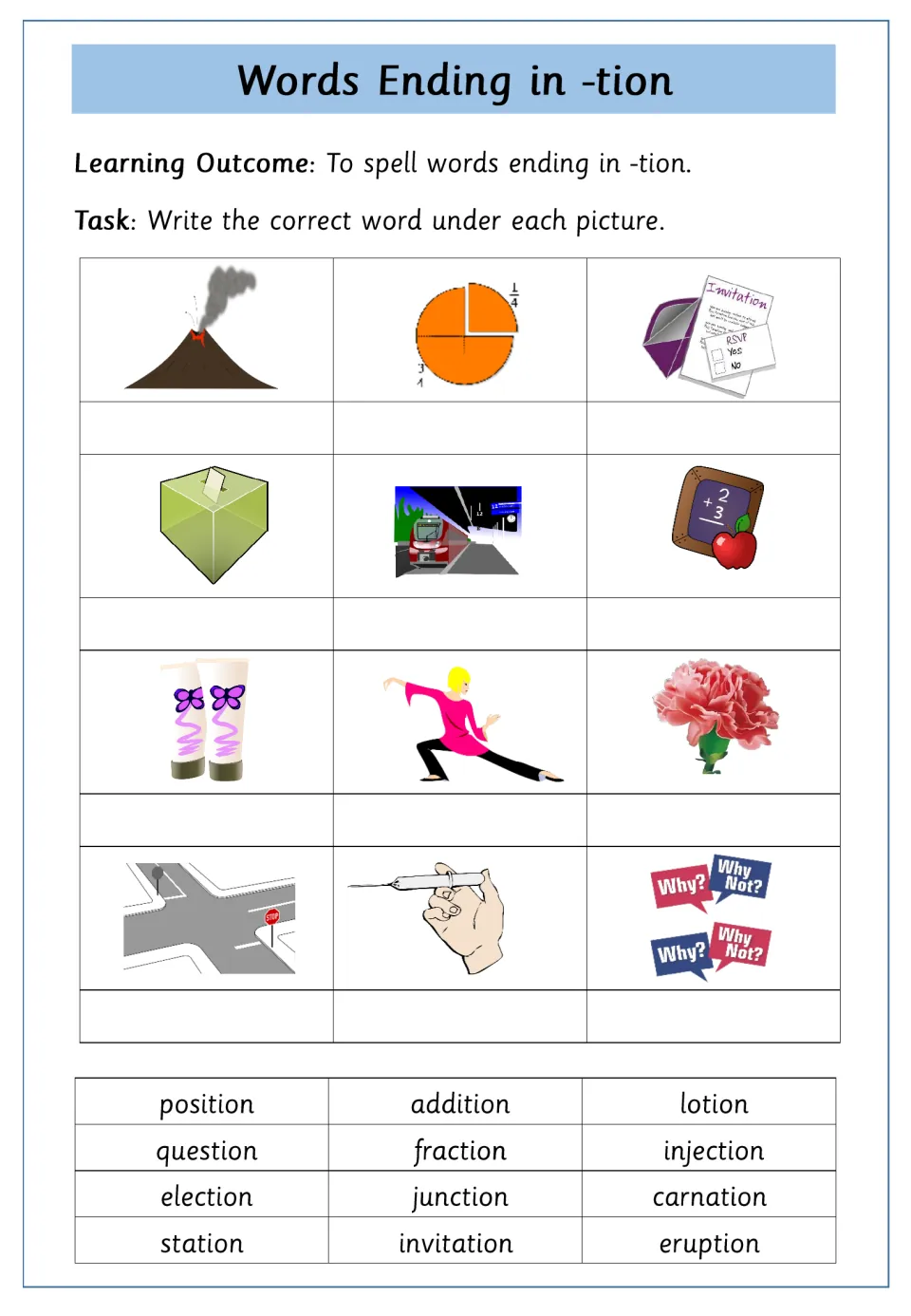 Spelling -tion words: students write the matching word under 12 pictures, such as volcano for eruption, using a word bank