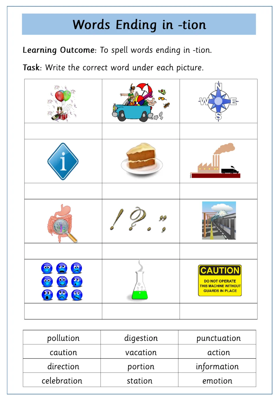 Labeling pictures with -tion words: students write direction, caution, digestion and more under 12 images