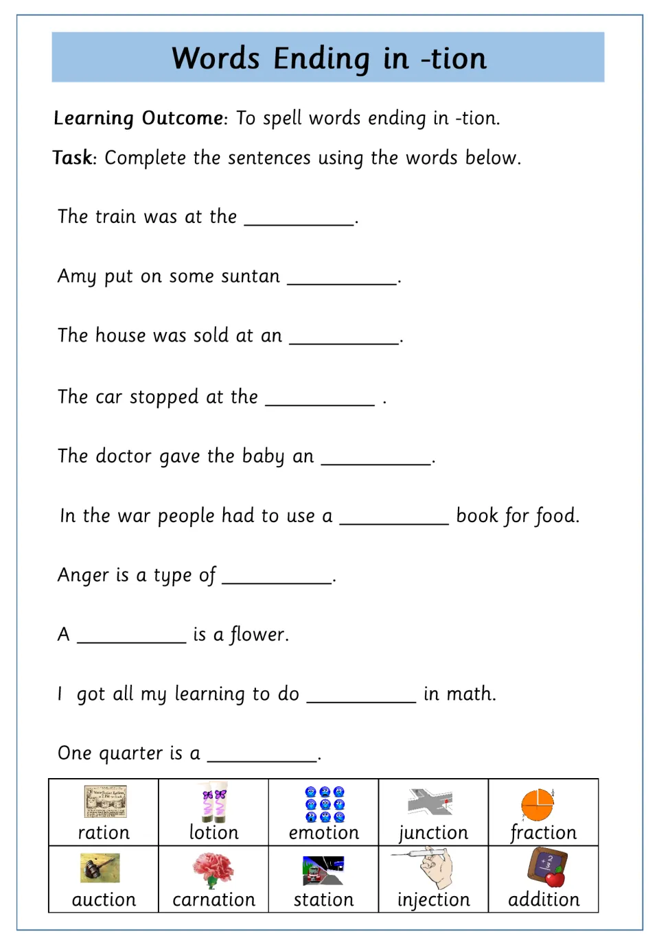 Sentence completion with -tion words: students fill 10 blanks, like the train at the station, from a picture word bank