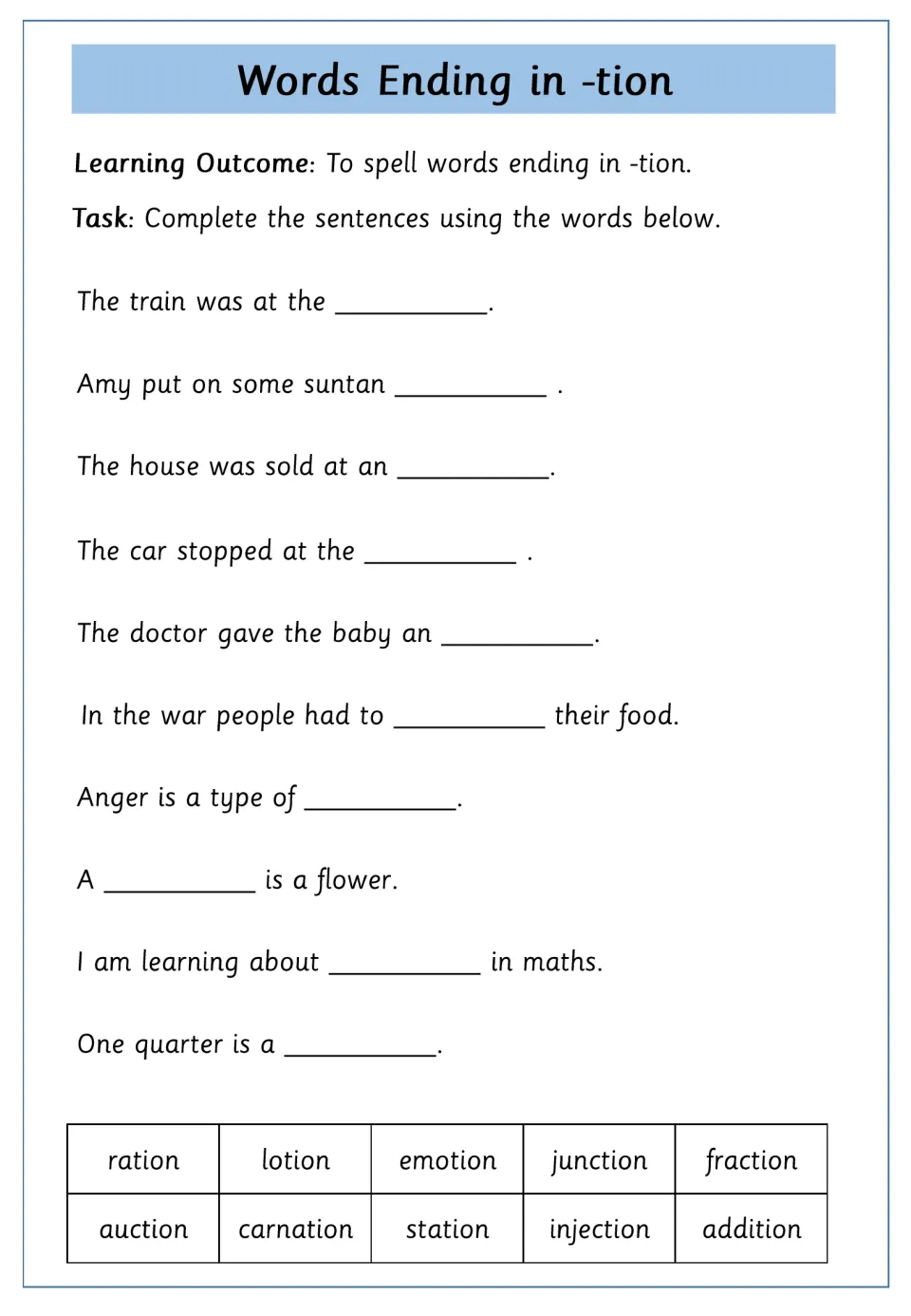 Fill-in-the-blank -tion sentences: students choose from ration, lotion, auction, carnation and fraction