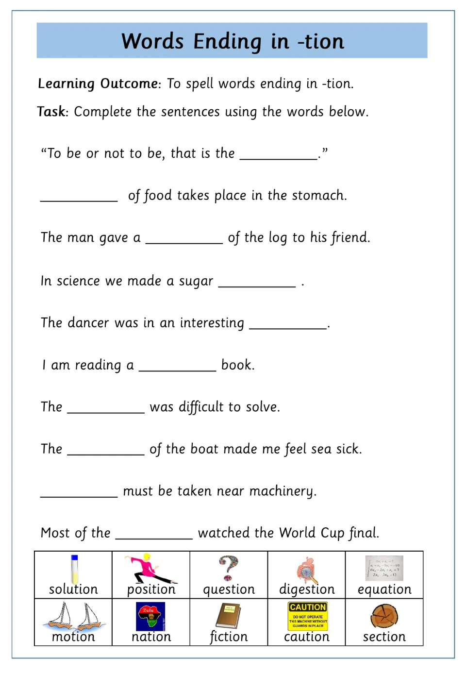 Context clues with -tion words: students complete 10 sentences, such as a sugar solution, using a picture word bank