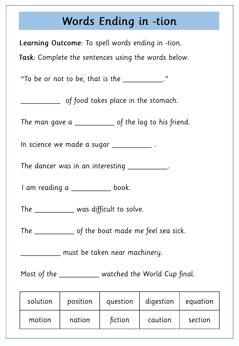 -tion sentence gaps, text-only word list: students pick question, digestion, equation, motion or nation