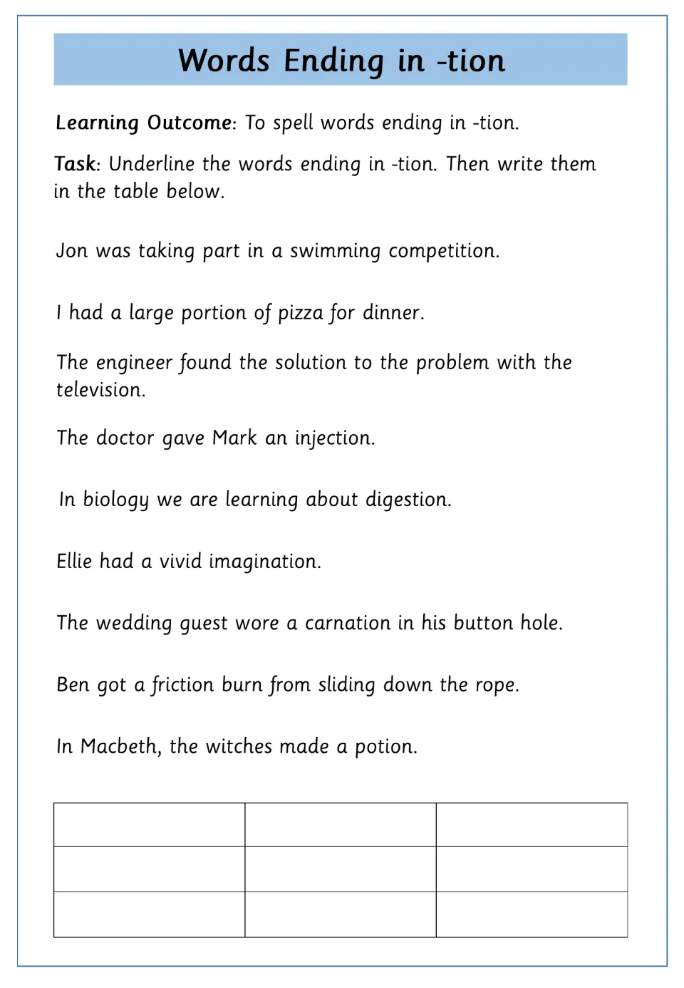 Finding -tion words: students underline them in 9 sentences, such as competition and imagination, then list them in a table