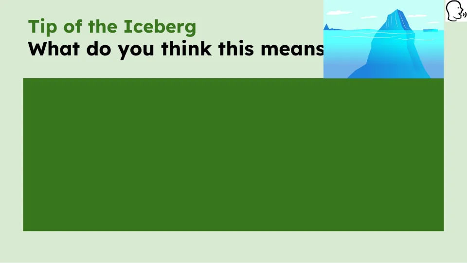 Opening prediction prompt asks what the iceberg idiom means, beside an iceberg shown above and below water