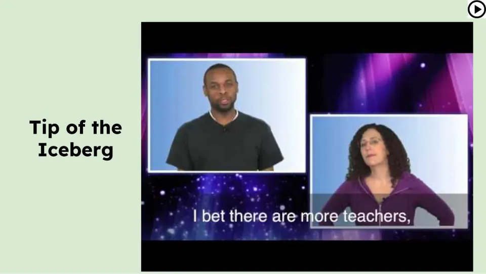 Video lesson slide introduces the iceberg idiom through two speakers, with the subtitle about more teachers