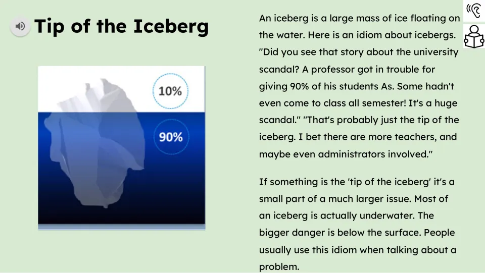 Reading passage explains the idiom through a university scandal and an iceberg diagram labeled 10% and 90%