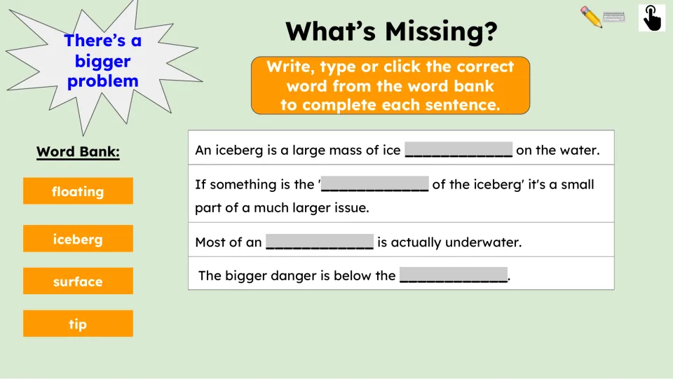 Fill-in-the-blank practice has four sentences about icebergs and the word bank floating, iceberg, surface, tip