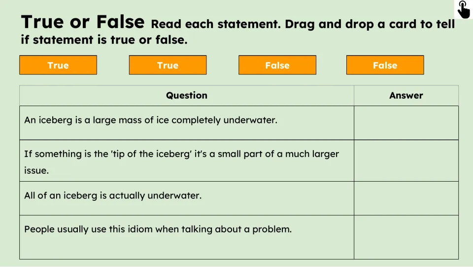 True-or-false practice asks students to judge four statements about icebergs and the idiom’s use for problems