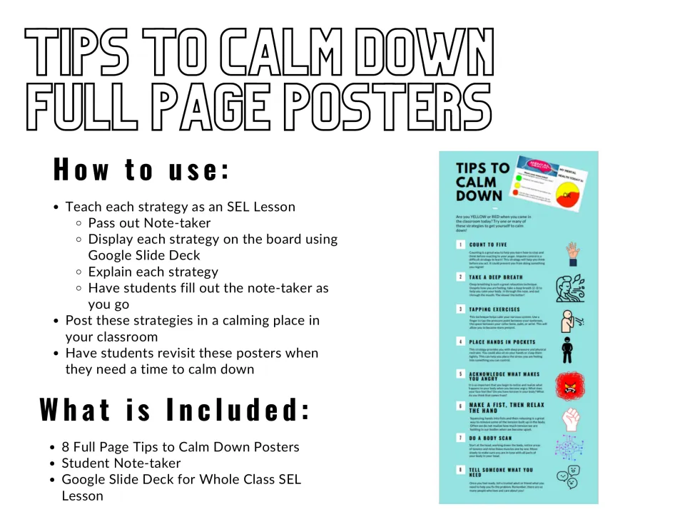 Tips to Calm Down full page posters: how-to-use steps, list of 8 posters, note-taker and slide deck, plus a strategy chart