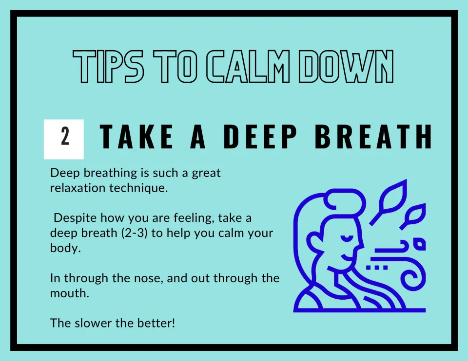 Strategy 2, Take a Deep Breath: take 2-3 slow breaths, in through the nose, and out through the mouth to relax the body