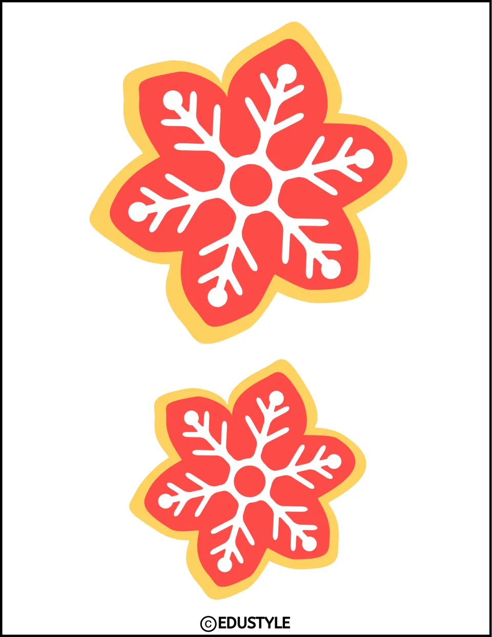 Christmas bulletin board cutouts of two snowflake cookies in different sizes, with red and white icing