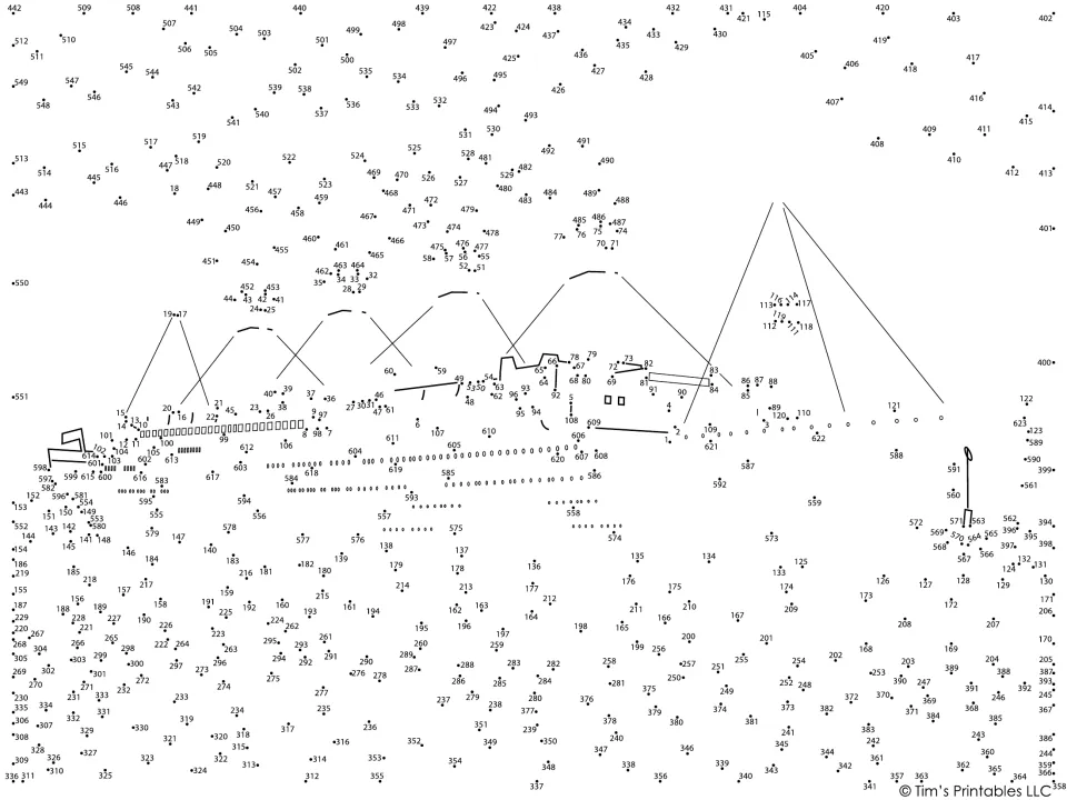 Titanic ocean liner dot-to-dot: students connect numbered dots up to 623 to draw the ship, its smoke, sky and waves