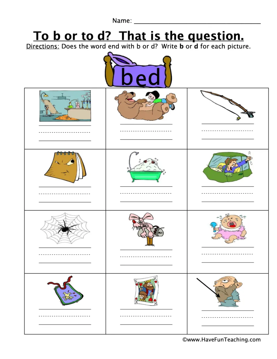 Ending b or d sound practice: write the final letter for 12 pictures, including a rod, tub, web, and bib.