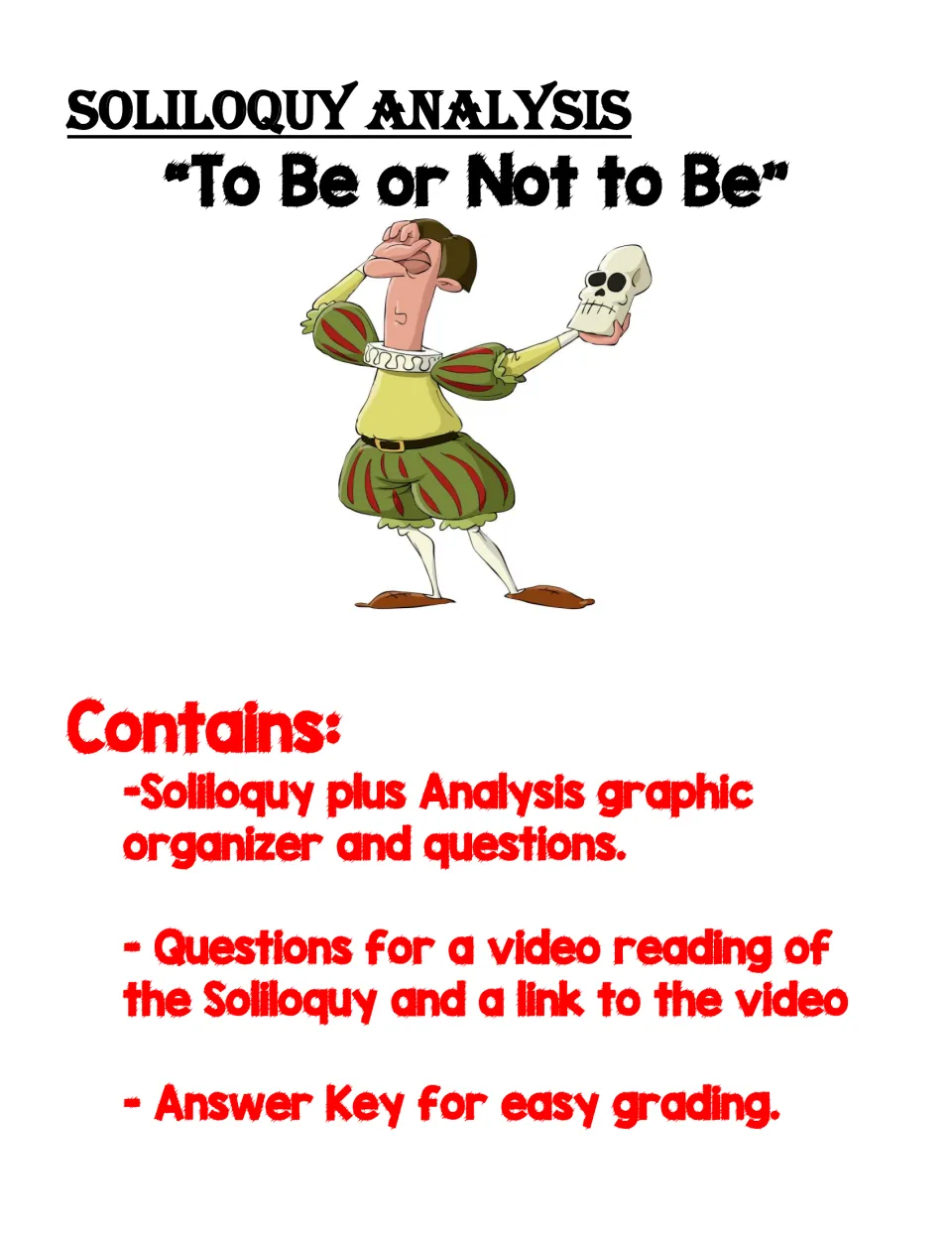 Cover: Soliloquy Analysis of “To Be or Not to Be” with a graphic organiser, video questions and an answer key listed
