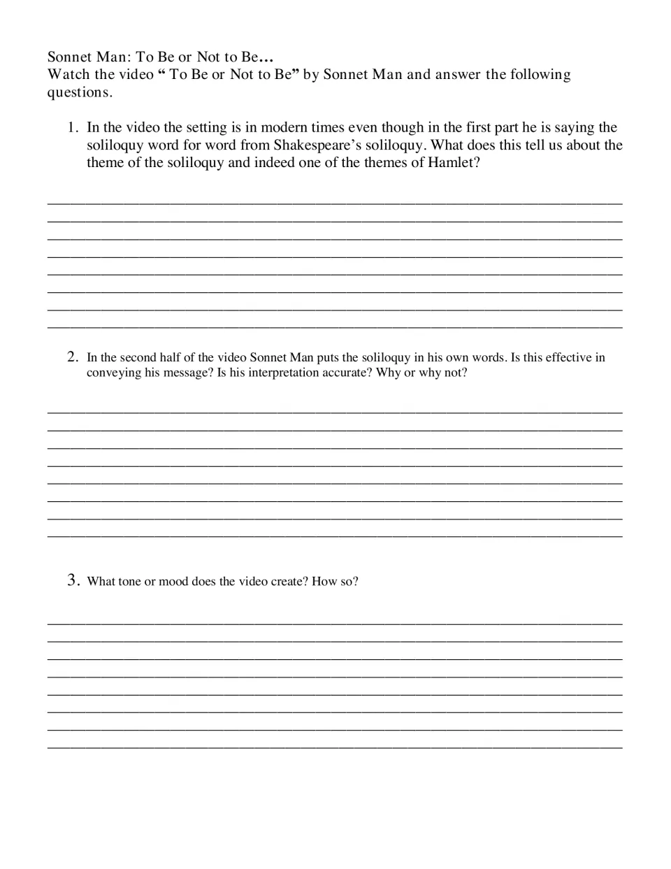 Sonnet Man video questions: students discuss the modern setting, the paraphrase's accuracy and the video's tone or mood