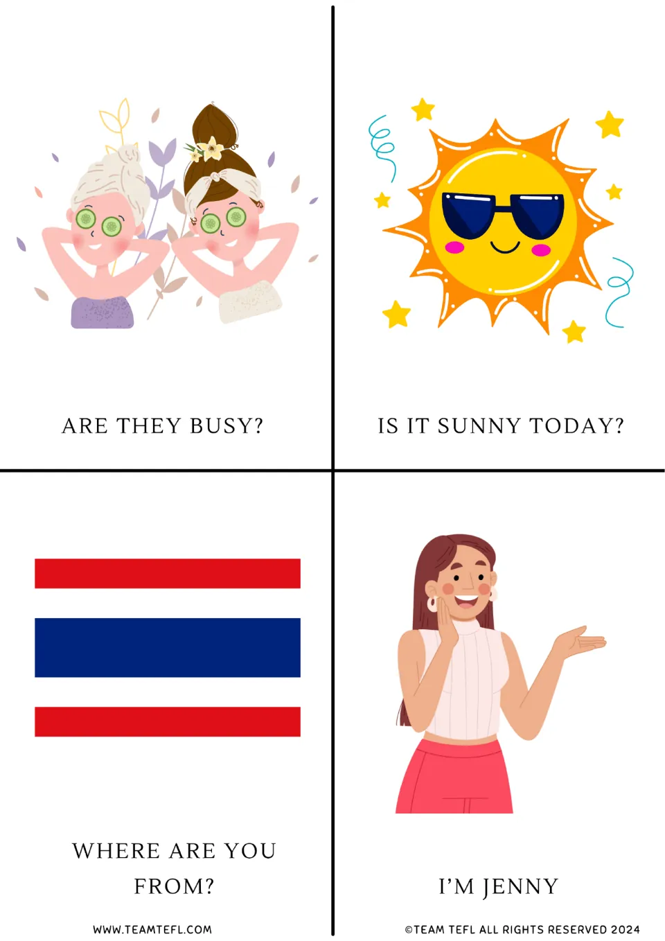 To be flashcards 5–8: “Are they busy?”, “Is it sunny today?”, “Where are you from?” and “I’m Jenny”