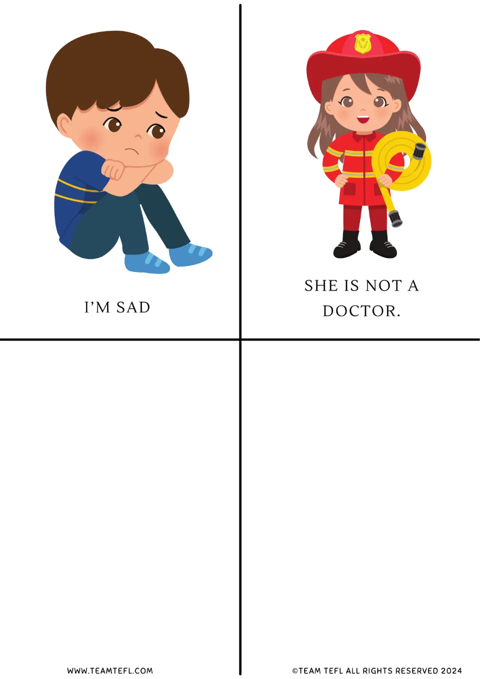 To be flashcards 9–10: “I’m sad” beside a sad child and “She is not a doctor” beside a firefighter