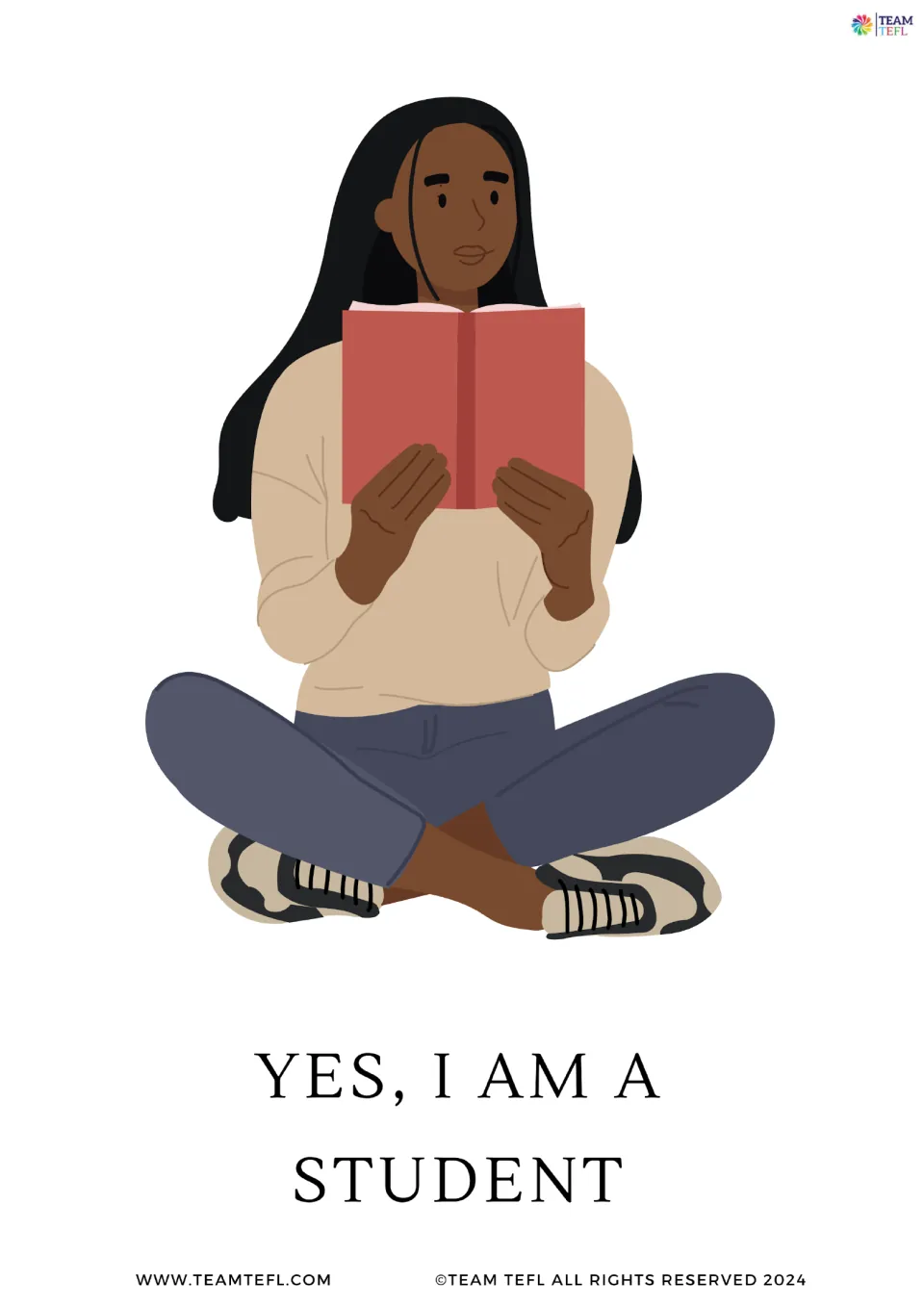 Full-page version of to be flashcard 1: “Yes, I am a student,” illustrated by a student reading a book