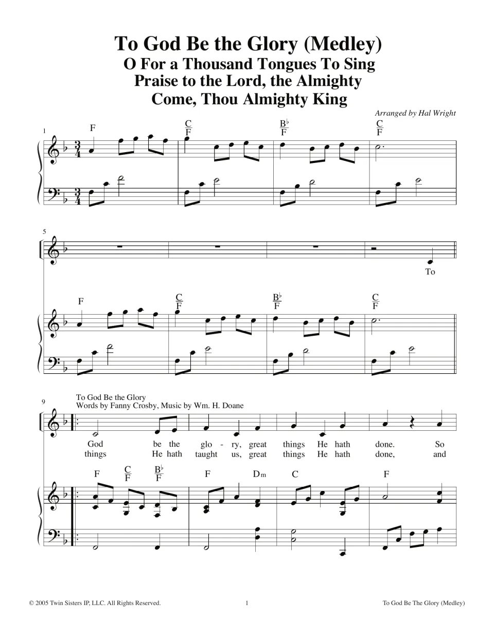 To God Be the Glory medley opening: piano intro in F, 3/4 time, then verses 1 and 2 melody with lyrics, chords, bars 1-12