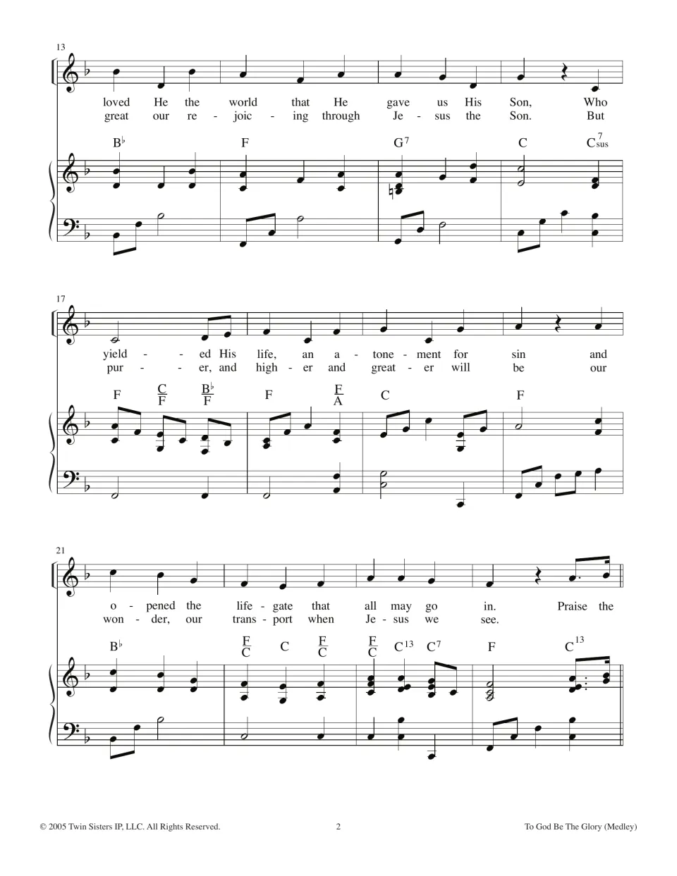 Hymn medley score, bars 13-24: two verses' lyrics from 'loved He the world' to 'Praise the' with piano and chord symbols