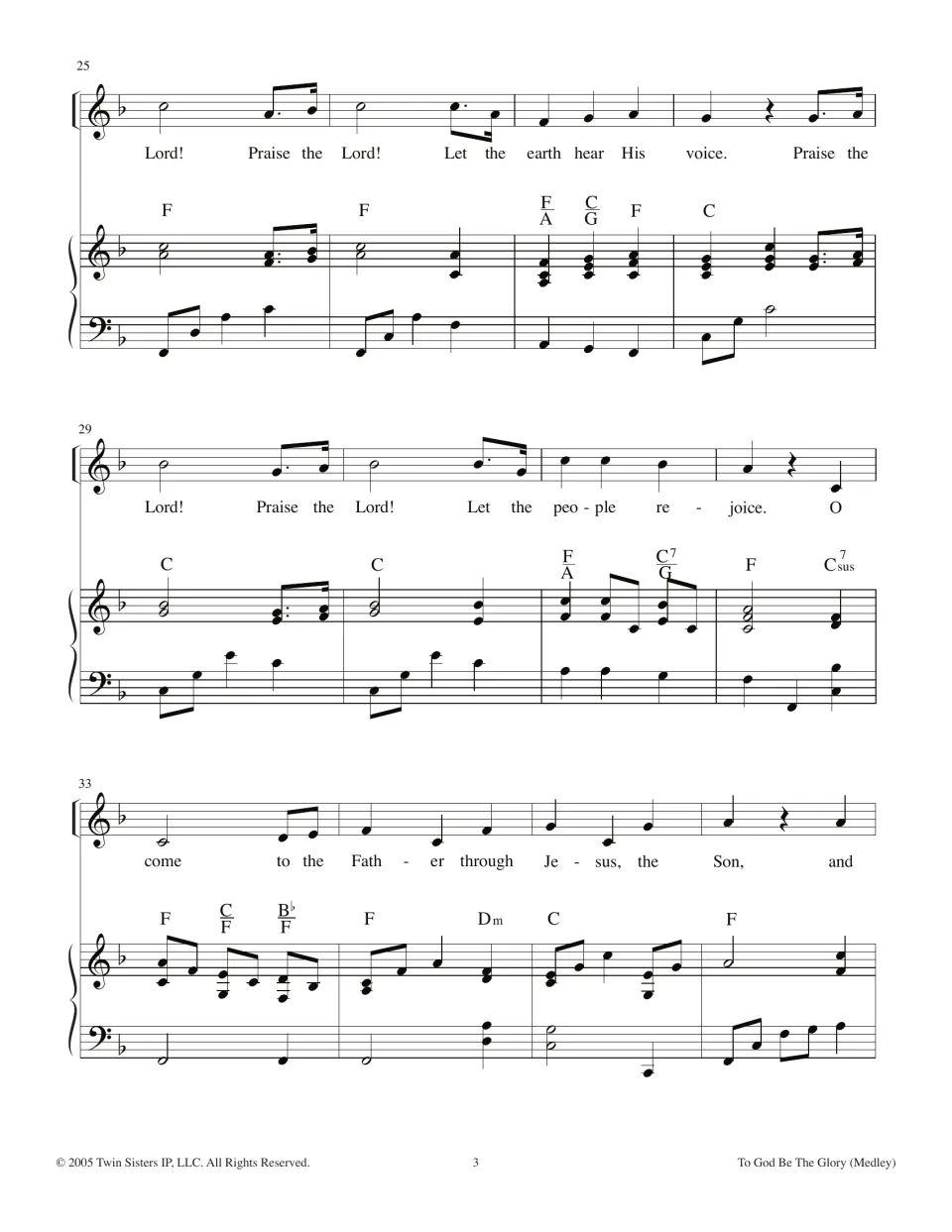 Refrain in piano-vocal score, bars 25-36: 'Praise the Lord! Let the earth hear His voice' and 'O come to the Father'