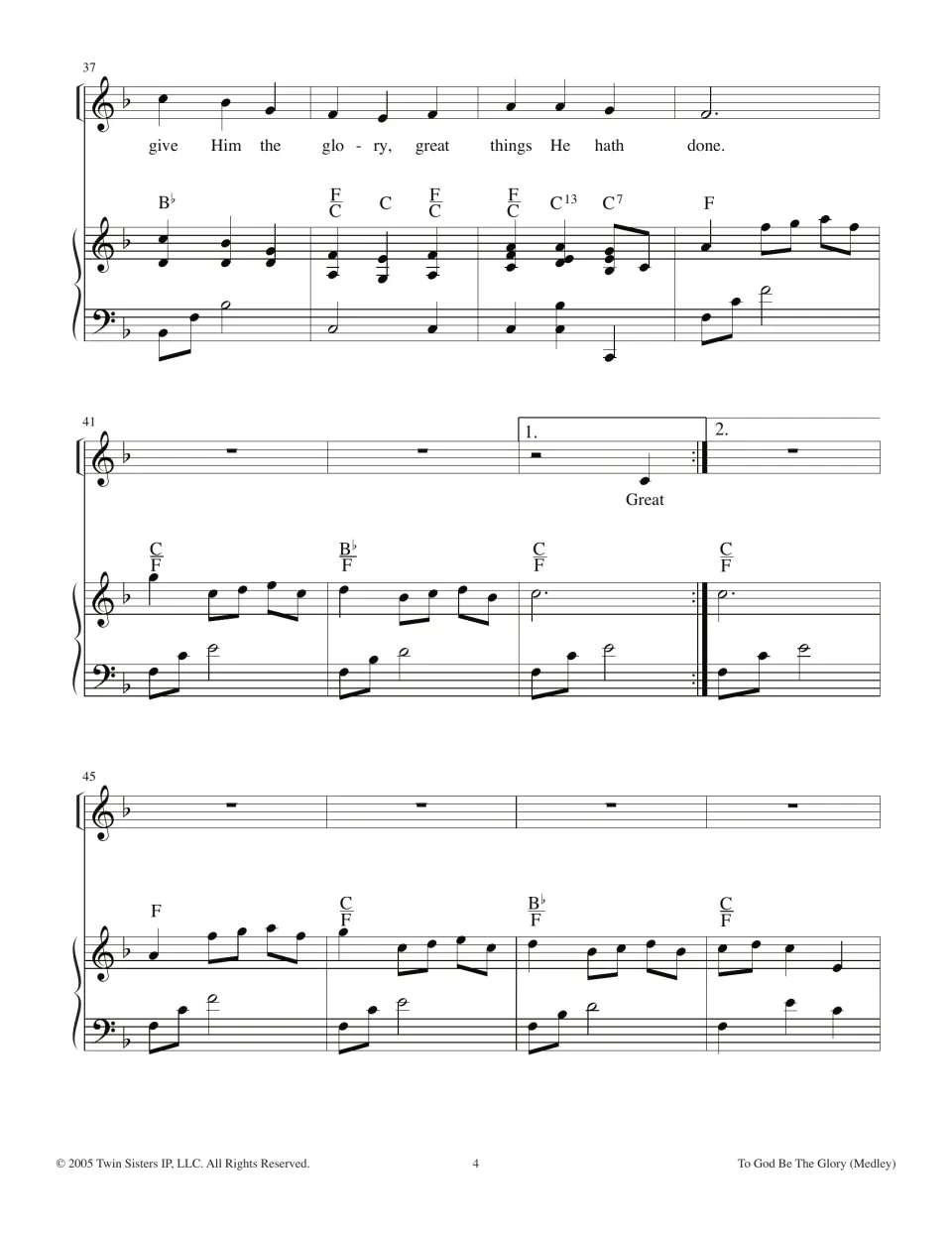 Refrain ending 'give Him the glory, great things He hath done' with 1st and 2nd endings and piano interlude, bars 37-48