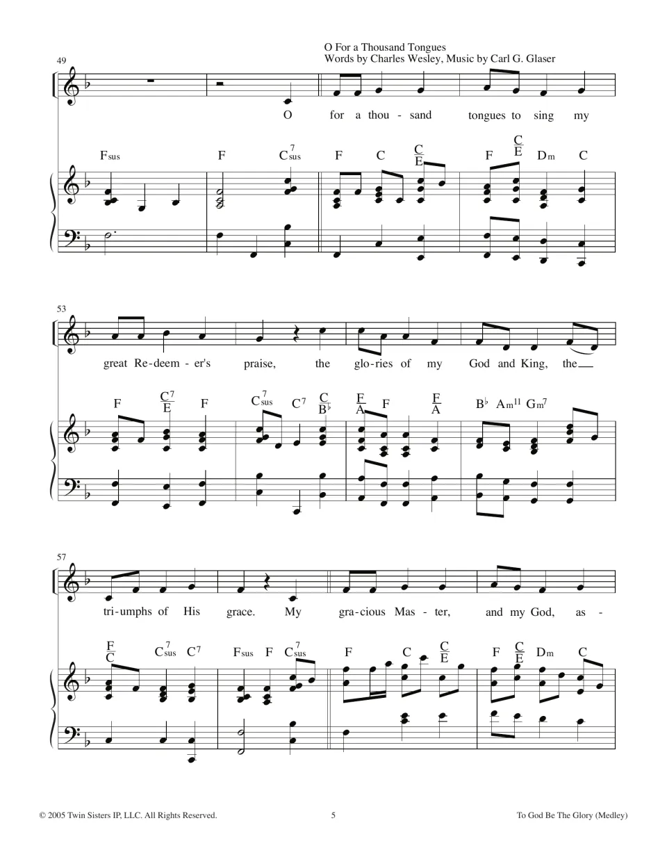 O For a Thousand Tongues (Wesley, Glaser) begins at bar 49: lyrics like 'great Redeemer's praise', piano part and chords