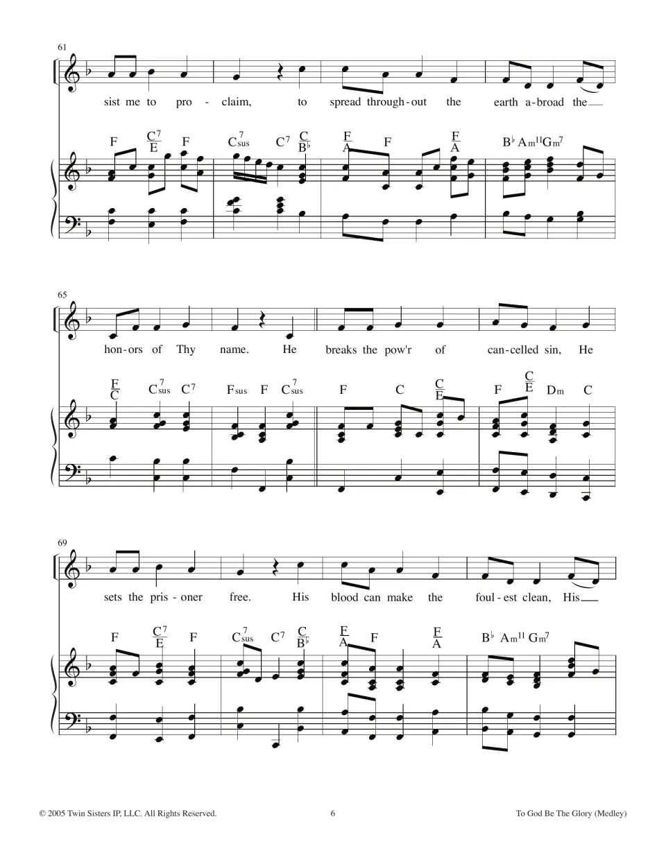 O For a Thousand Tongues continues, bars 61-72: lyrics 'He breaks the pow'r of cancelled sin' with piano and chords