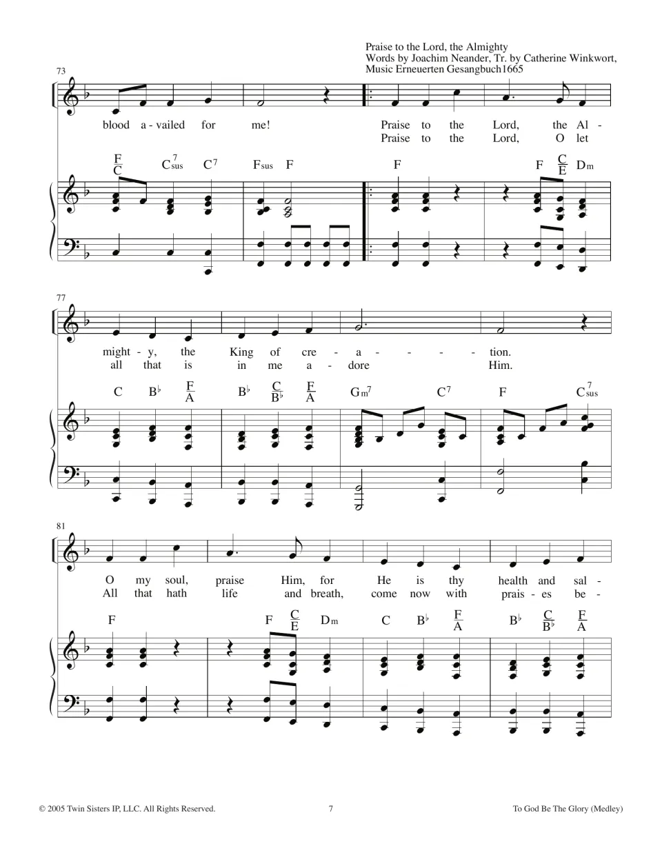 Praise to the Lord, the Almighty begins at bar 74 (Neander, tr. Winkworth): two verses of lyrics with piano and chords