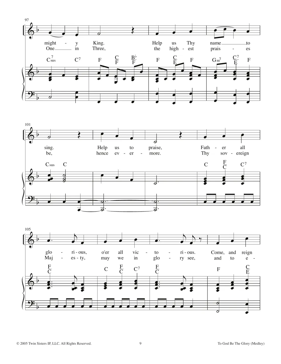 Come, Thou Almighty King, bars 97-108: two verses, 'Help us Thy name to sing' and 'Come, and reign', with piano chords