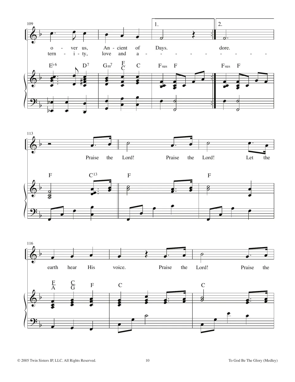 Medley continues, bars 109-118: 'Ancient of Days' with 1st and 2nd endings, then a reprise of 'Praise the Lord!' refrain