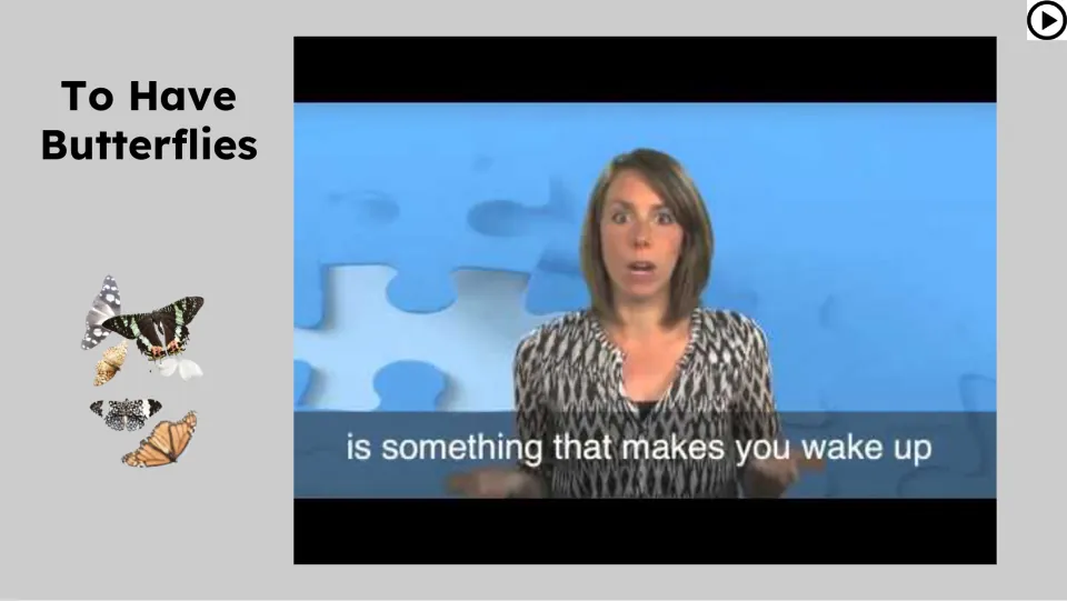 Video lesson slide introduces the butterflies idiom and shows a presenter with the subtitle about waking up