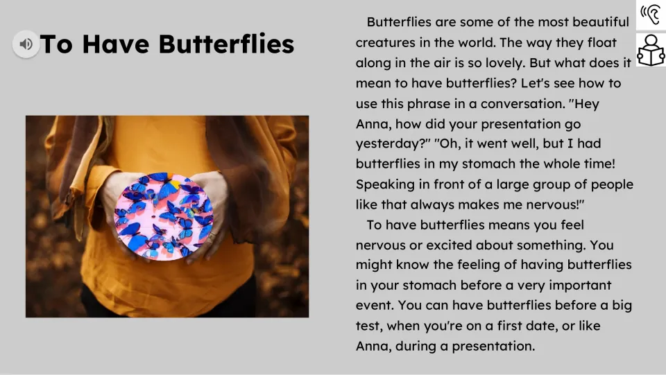 Reading passage explains that having butterflies means feeling nervous or excited, using Anna’s presentation