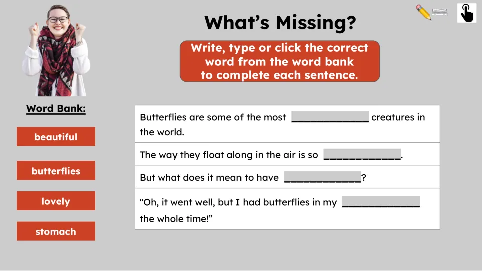 Four fill-in-the-blank sentences review the passage using the words beautiful, butterflies, lovely, and stomach